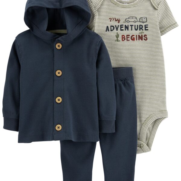 Set tres piezas de algodón, pantalónalón, saco con capucha y body