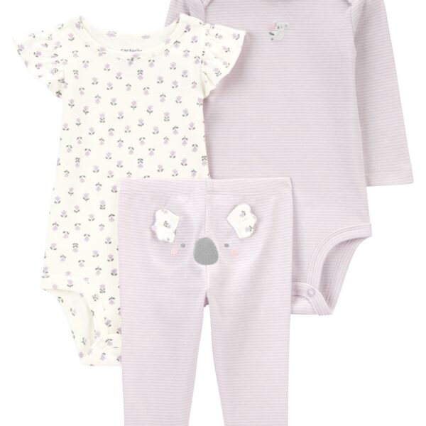 Set tres piezas de algodón, pantalón y dos bodies, diseño koala