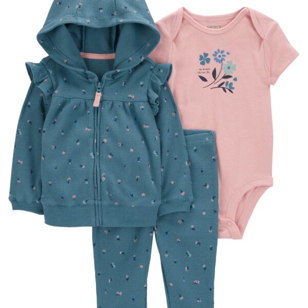 Set 3 piezas campera pantalón body manga corta floral