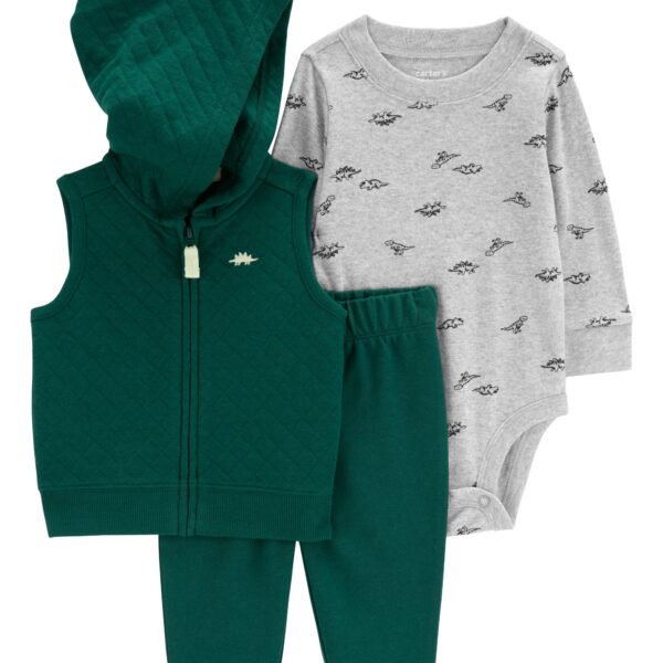 Set 3 piezas chaleco pantalón body manga larga dino