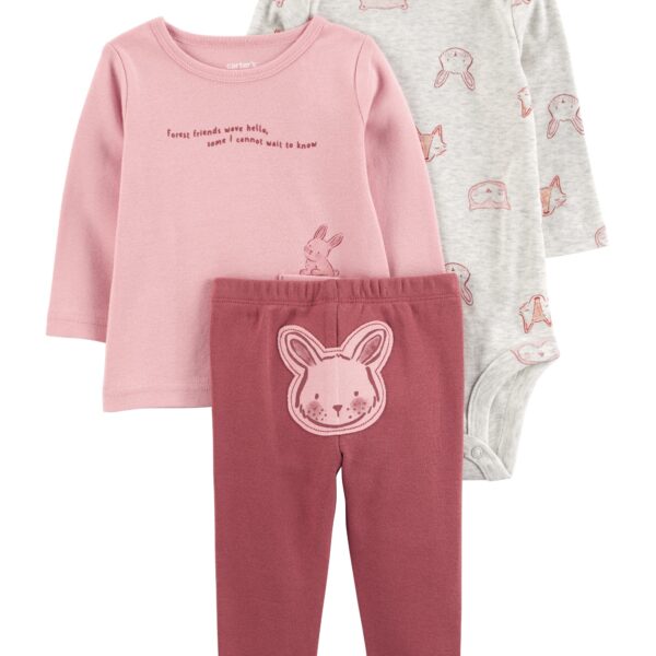 Set 3 piezas pantalón rem y body manga larga conejo